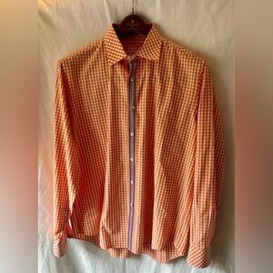 Bugatchi Men’s L Orange White Checkered Shirt Classic Fit Button Up 100% Cotton